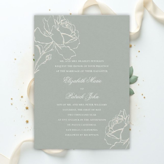 Invitation Faux Embossed Roses Sage Green Formal Wedding (sage green wedding theme invitation formal traditional modern classic floral roses elegant)