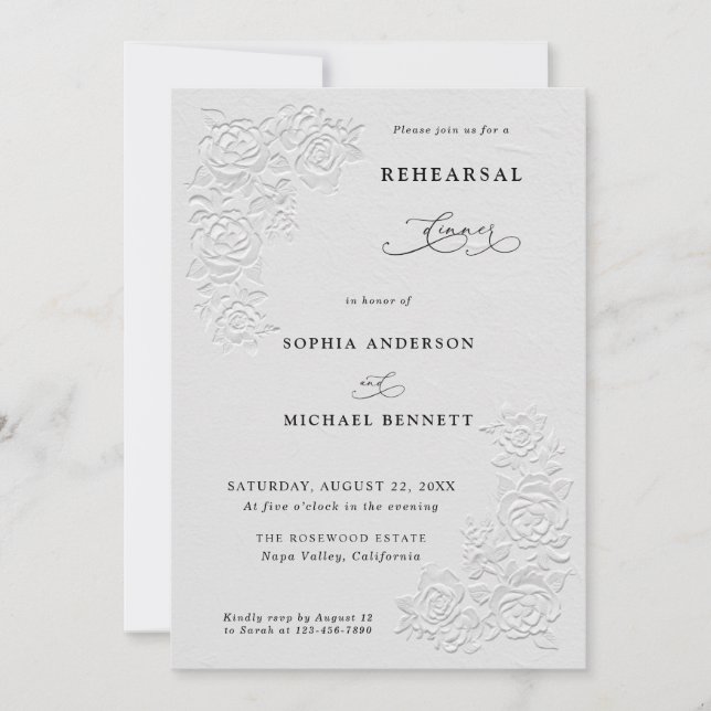 Invitation Faux Embossed White Roses Wedding Rehearsal Dinner (Devant)