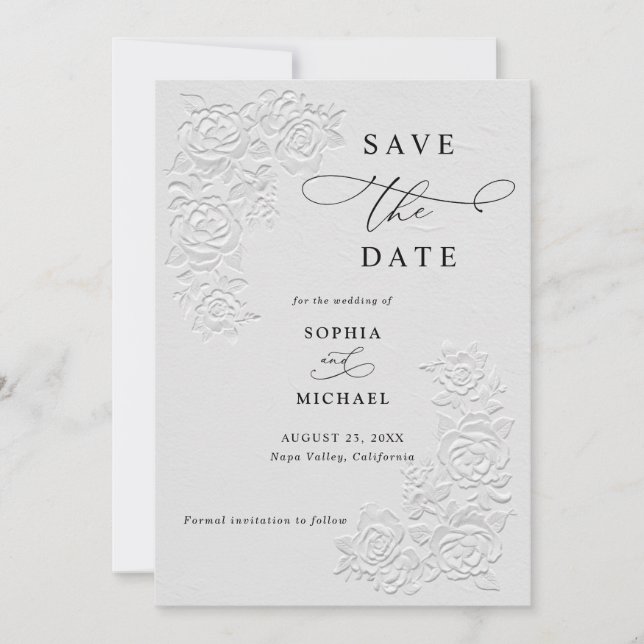 Invitation Faux Embossed White Roses Wedding Save the Date  (Devant)