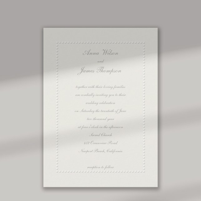 Invitation Faux Embossés Cadre Led Ecru Mariage Formel (formal wedding invitation faux embossed beaded frame classic traditional elegant black tie simple)