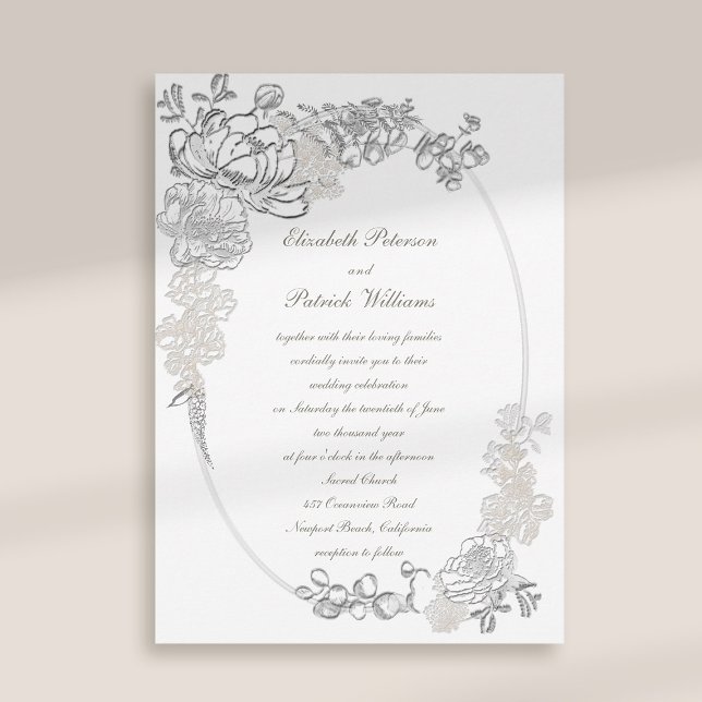 Invitation Faux Embossés Peonies Calligraphie Mariage ivoire (peony wedding invitation floral oval frame formal traditional elegant calligraphy ivory classic)
