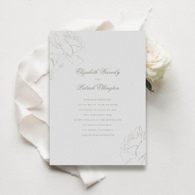Invitation Faux Embossés Rose ivoire Moderne Mariage classiqu (modern classic wedding invitation roses frame calligraphy elegant traditional ivory formal tradition)