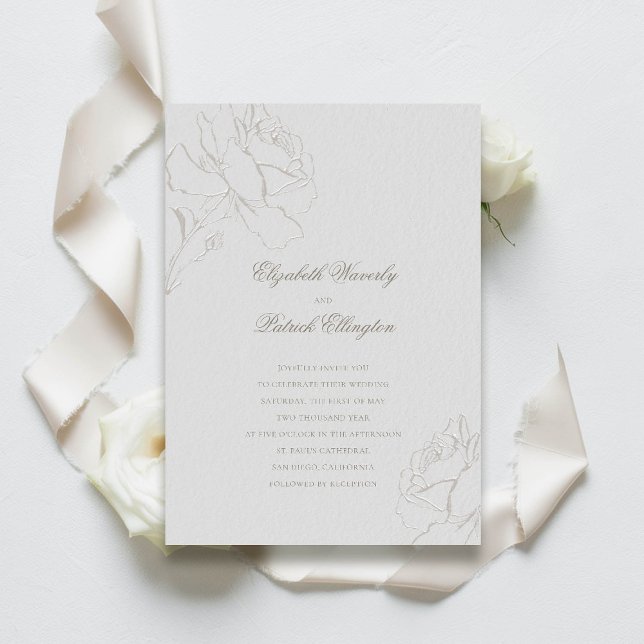 Invitation Faux Embossés Rose Ivory Formal Classic Mariage (formal classic wedding invitation roses frame calligraphy elegant traditional ivory faux embossed)