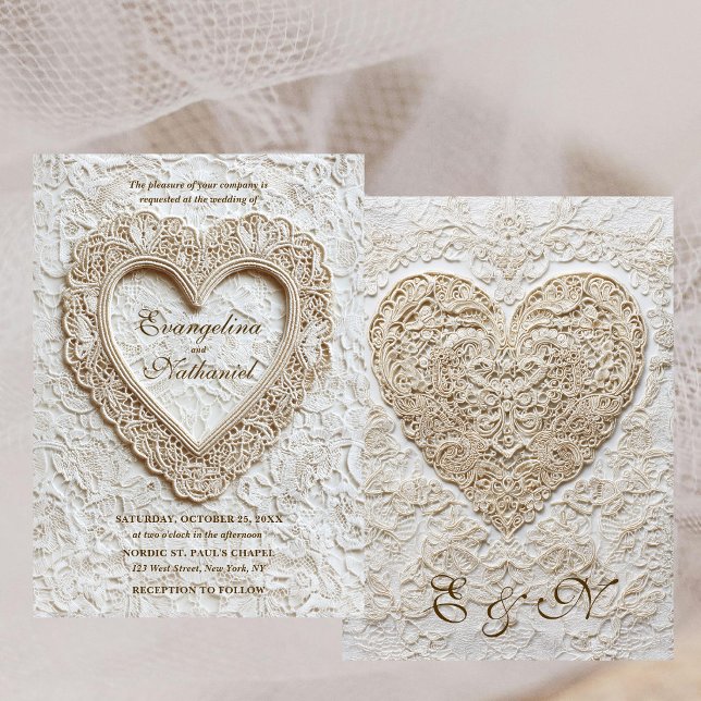 Invitation Faux Embroidery Timeless Lace Heart Formal Wedding (Créateur téléchargé)