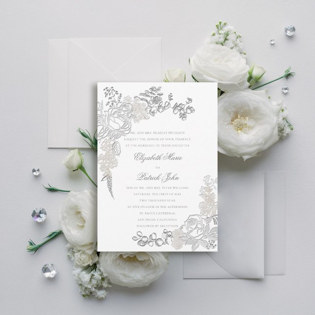 Invitation Faux Encadrement Rose Embossé Mariage des parents  (faux embossed wedding invitation roses floral frame formal traditional elegant modern classic)