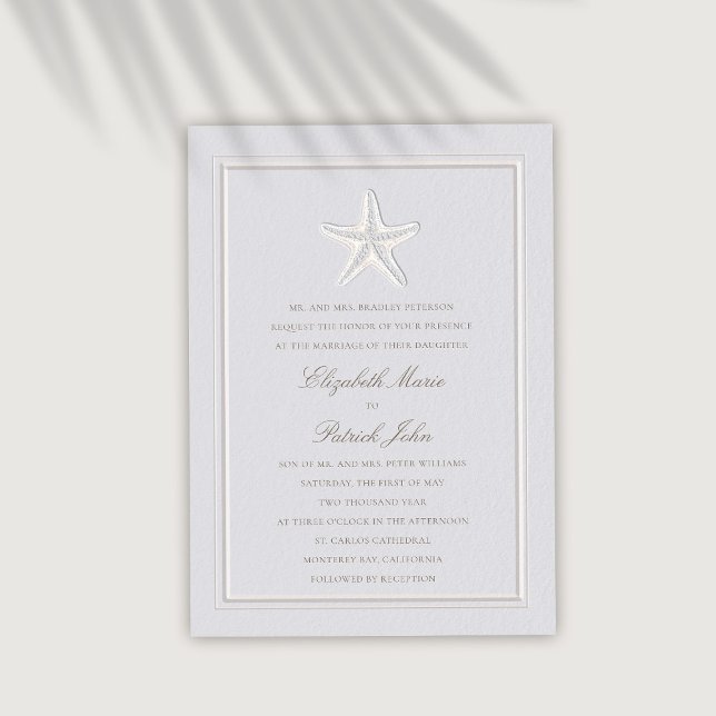Invitation Faux étoile de mer gaufrée mariage formel côtier (coastal wedding invitation modern classic formal traditional frame faux embossed starfish)