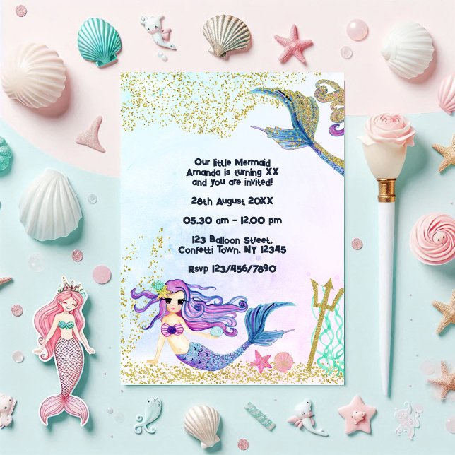 Invitation Faux, Fête des Anniversaires de enfants Parties sc (Magical Mermaid Faux Glitter Kids Birthday Party Invitation)