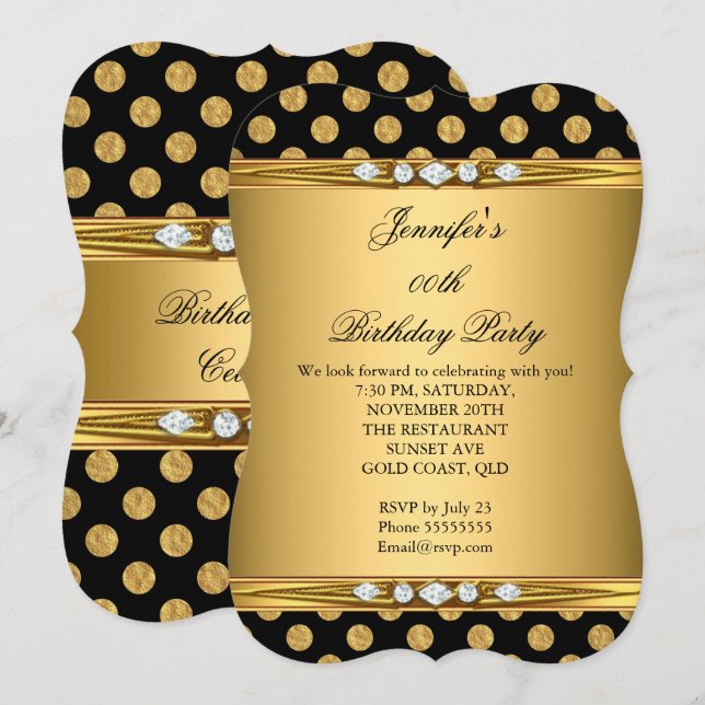 Invitation Faux Foil Gold Black Pois Diamond Anniversaire (Devant / Derrière)