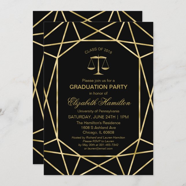 Invitation Faux Foil Gold Geometry Law School Grad Party (Devant / Derrière)