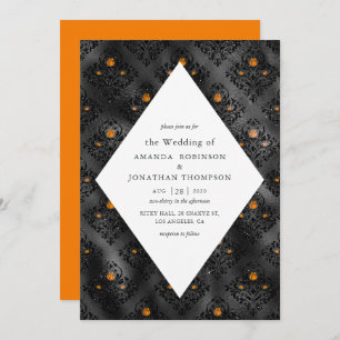Invitation Faux Foil orange et noir Mariage damassé