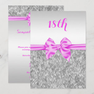 Invitation Faux Fourrure Élégant & Nœud en Soie Rose pour 18è