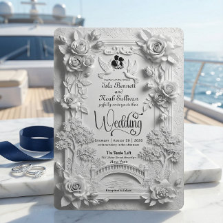 Invitation Faux Gaufrage Fleurs de Rose Blanches en Relief 3D