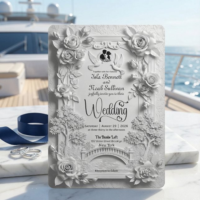 Invitation Faux Gaufrage Fleurs de Rose Blanches en Relief 3D (Créateur téléchargé)