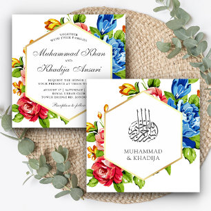 Invitation Faux géométrique Vibrant or Floral Mariage islamiq