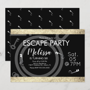 Invitation Faux Glitter Escape Room Fête d'anniversaire Noir 