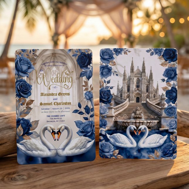 Invitation Faux Gold & Bronze Swans Marble Cathedral Wedding (Créateur téléchargé)