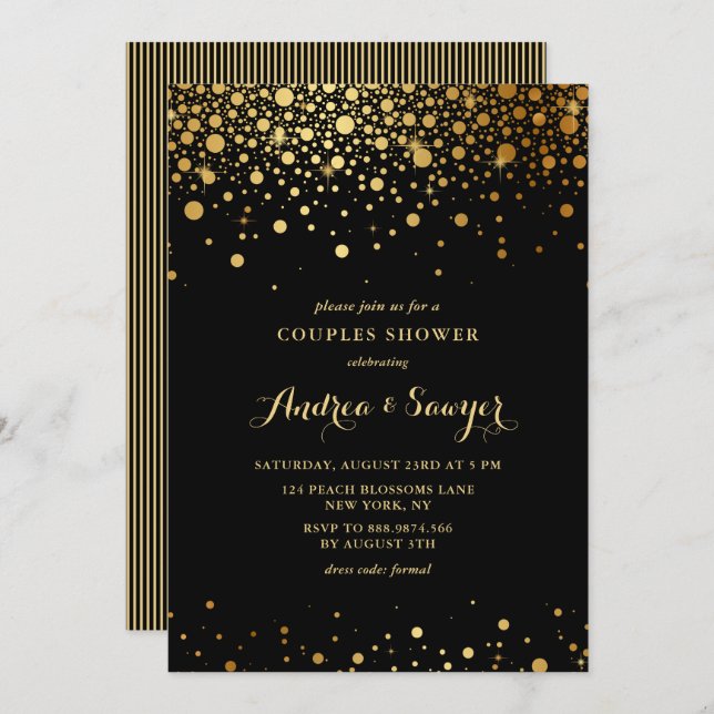 Invitation Faux Gold Confetti Dots Couples Noir Douche (Devant / Derrière)