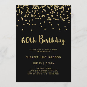 Invitation Faux Gold Confetti en noir 60e anniversaire
