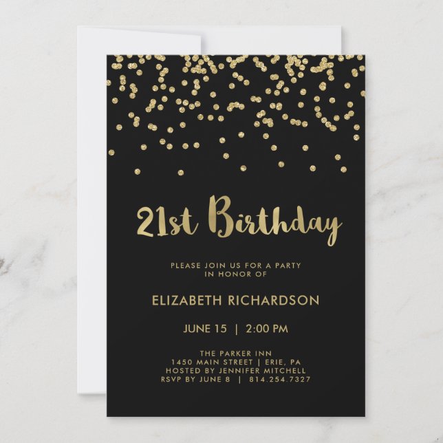 Invitation Faux Gold Confetti en noir | Fête du 21e anniversa (Devant)