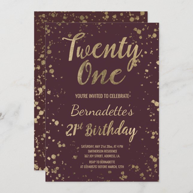 Invitation Faux gold confetti rouge chic 21e anniversaire (Devant / Derrière)
