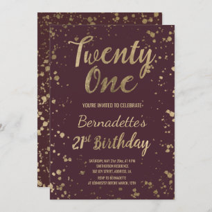Invitation Faux gold confetti rouge chic 21e anniversaire