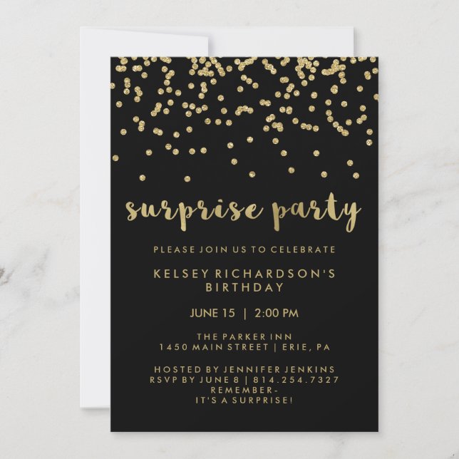 Invitation Faux Gold Confetti sur Black Surprise Party (Devant)
