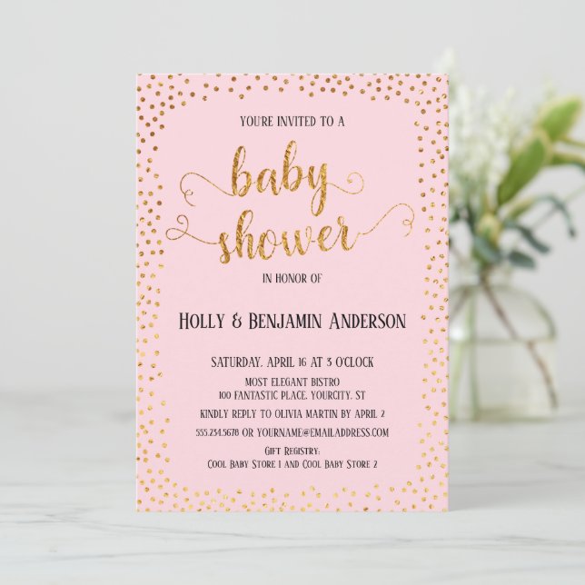 Invitation Faux Gold Confetti Typographie Baby shower rose (Debout devant)