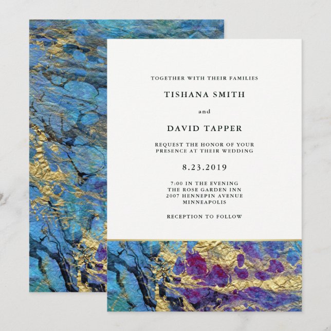 Invitation Faux Gold et Blue Marbled Mariage (Devant / Derrière)