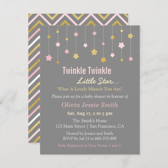 Invitation Faux Gold et Pink Twinkle Little Star Baby shower (Devant / Derrière)