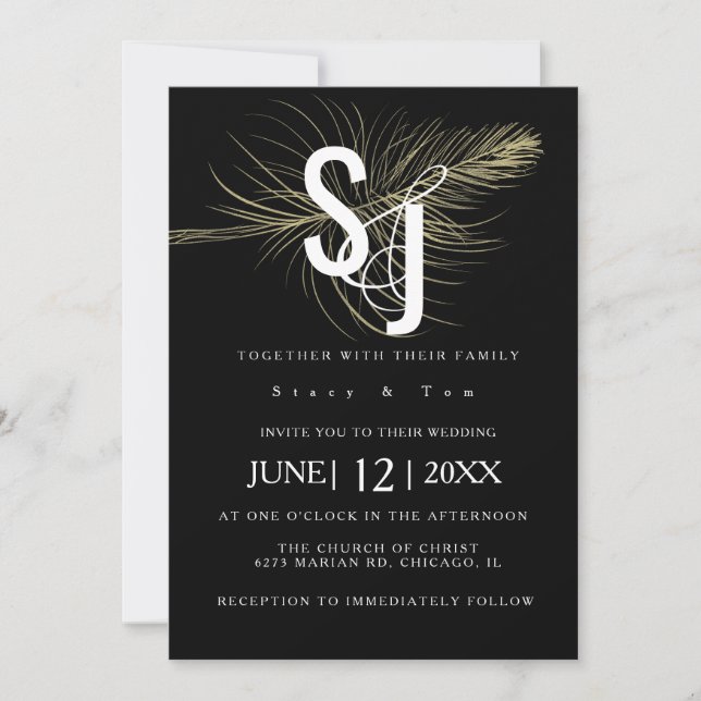 Invitation Faux Gold Feather Botanique Black Mariage Suite (Devant)