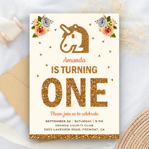 Invitation Faux Gold Floral Unicorn Premier anniversaire fête