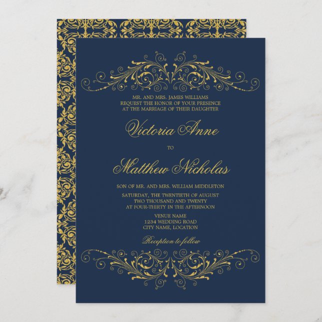 Invitation Faux Gold Flourish Damask Navy Blue (Devant / Derrière)