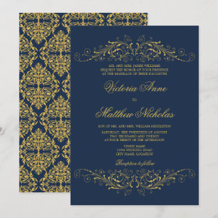 Invitation Faux Gold Flourish Damask Navy Blue
