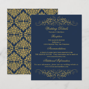 Invitation Faux Gold Flourish Damask Navy Détails du Mariage