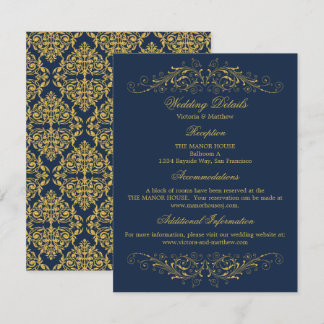 Invitation Faux Gold Flourish Damask Navy Détails du Mariage