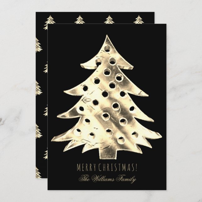 Invitation Faux Gold Foil Arbre de Noël Moderne Elégant Noir (Devant / Derrière)