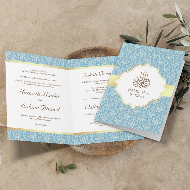 Invitation Faux Gold Foil bleu clair Damask Mariage musulman (Créateur téléchargé)
