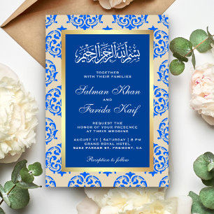 Invitation Faux Gold Foil Blue Damask Mariage musulman islami