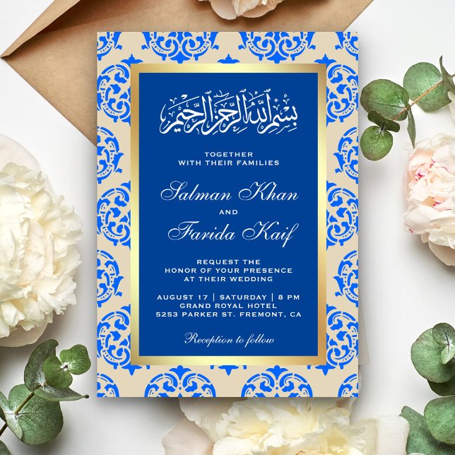 Invitation Faux Gold Foil Blue Damask Mariage musulman islami (Créateur téléchargé)