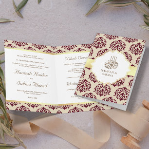 Invitation Faux Gold Foil Bourgogne Rouge Damas Mariage musul