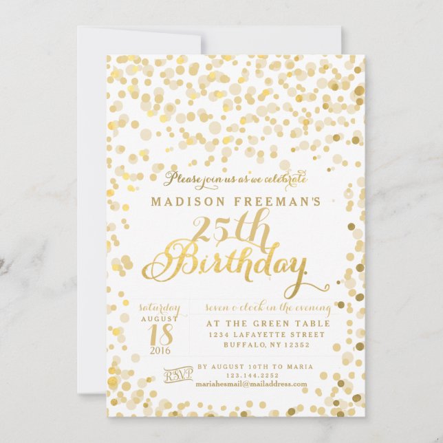 Invitation Faux Gold Foil Confetti Anniversaire (Devant)