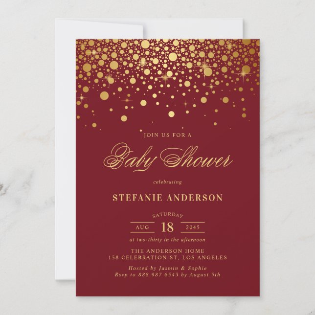Invitation Faux Gold Foil Confetti Baby shower Bourgogne (Devant)