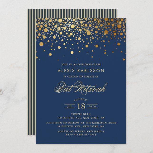 Invitation Faux Gold Foil Confetti Bat mitzvah bleu marine (Devant / Derrière)