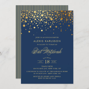 Invitation Faux Gold Foil Confetti Bat mitzvah bleu marine