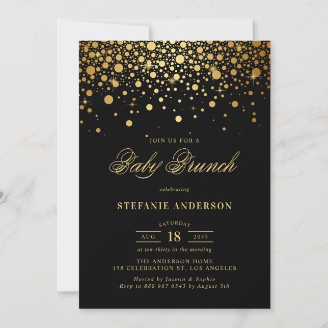 Invitation Faux Gold Foil Confetti Black Baby Brunch (Devant)