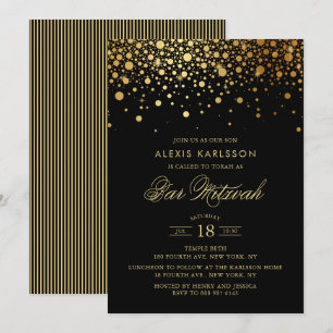 Invitation Faux Gold Foil Confetti Black Bar Mitzvah