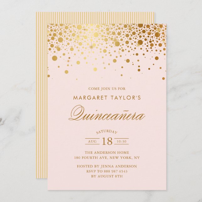 Invitation Faux Gold Foil Confetti Blush Pink Quinceañera (Devant / Derrière)