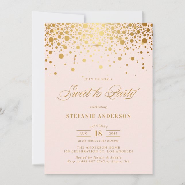 Invitation Faux Gold Foil Confetti Blush Sweet 16 Party (Devant)