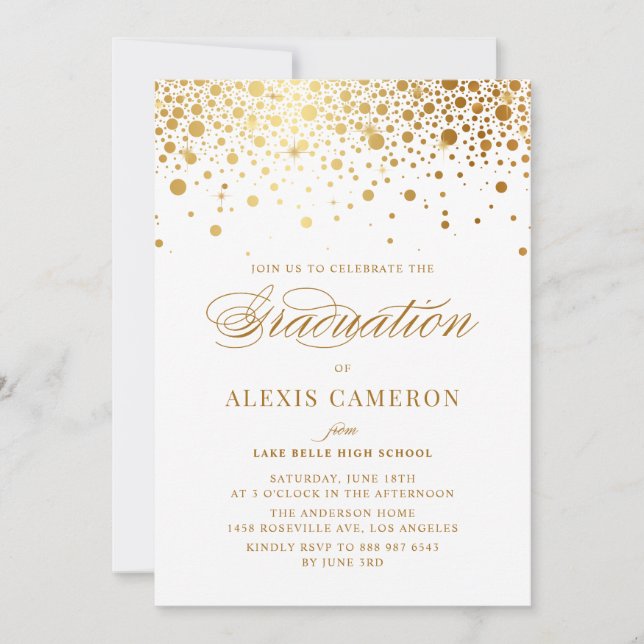 Invitation Faux Gold Foil Confetti Dots Graduation (Devant)