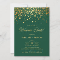 Faux Gold Foil Confetti Dots Green Welcome Party